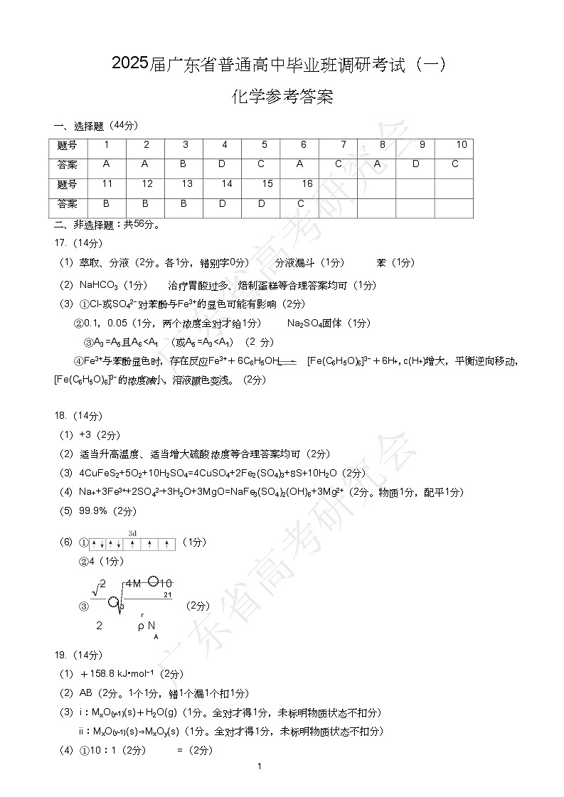广东省2025届高三化学一调模拟卷（答案）第1页