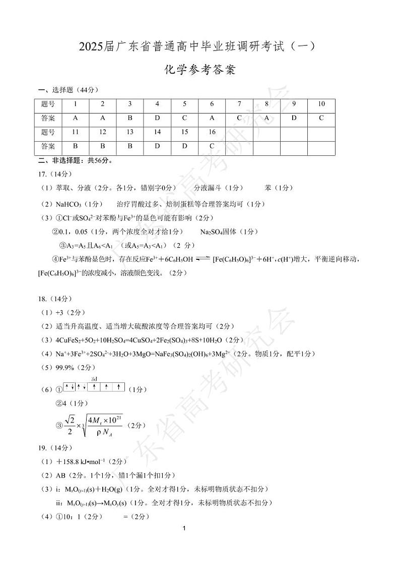 广东省2025届高三化学一调模拟卷（答案）第1页