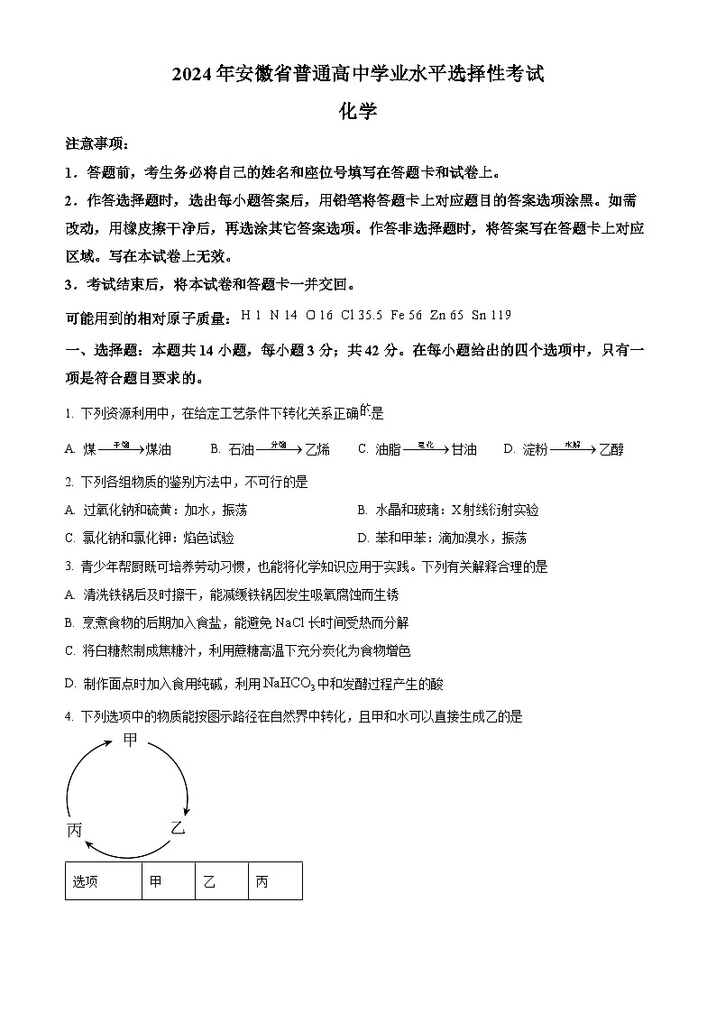 2024年新高考安徽化学高考真题解析（原卷+解析）01