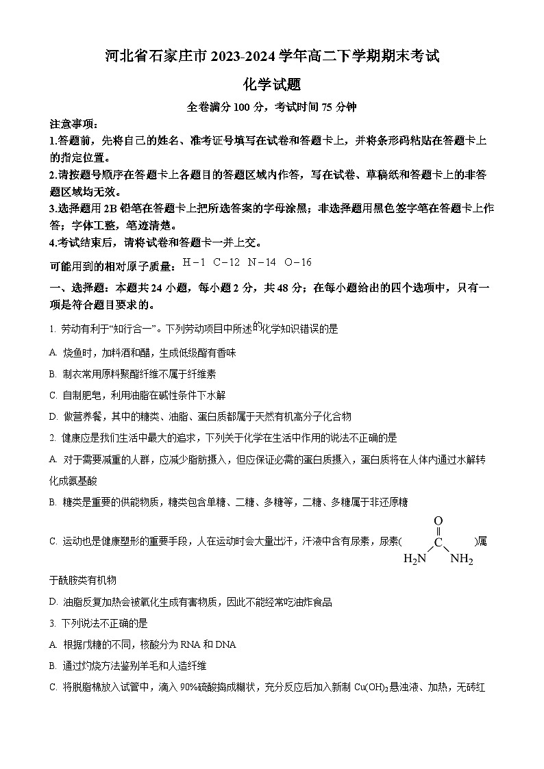 河北省石家庄市2023-2024学年高二下学期期末考试化学试题（原卷版）01