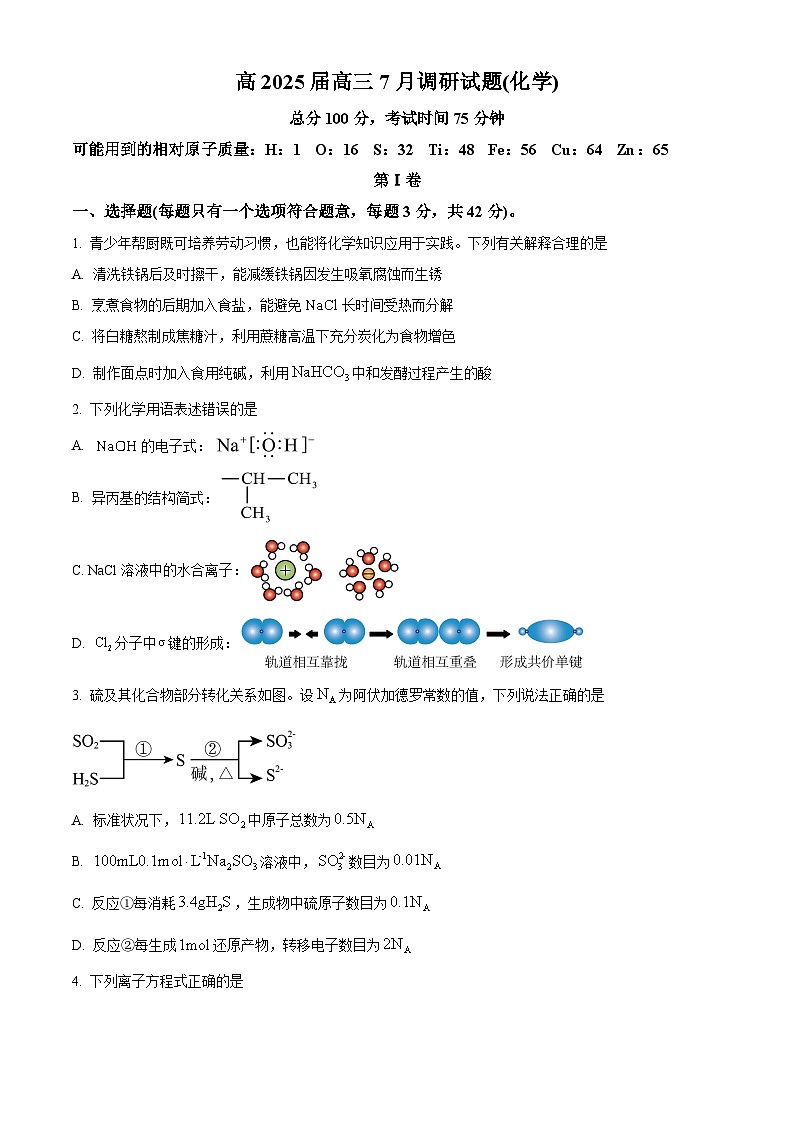 重庆市巴蜀中学2025届高三上学期7月调研化学试卷（Word版附解析）01