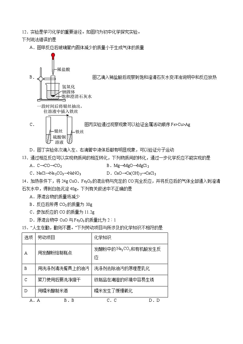【开学考】2024年秋季高一上学期入学分班考试模拟卷化学（天津专用）（范围：初中复习）03