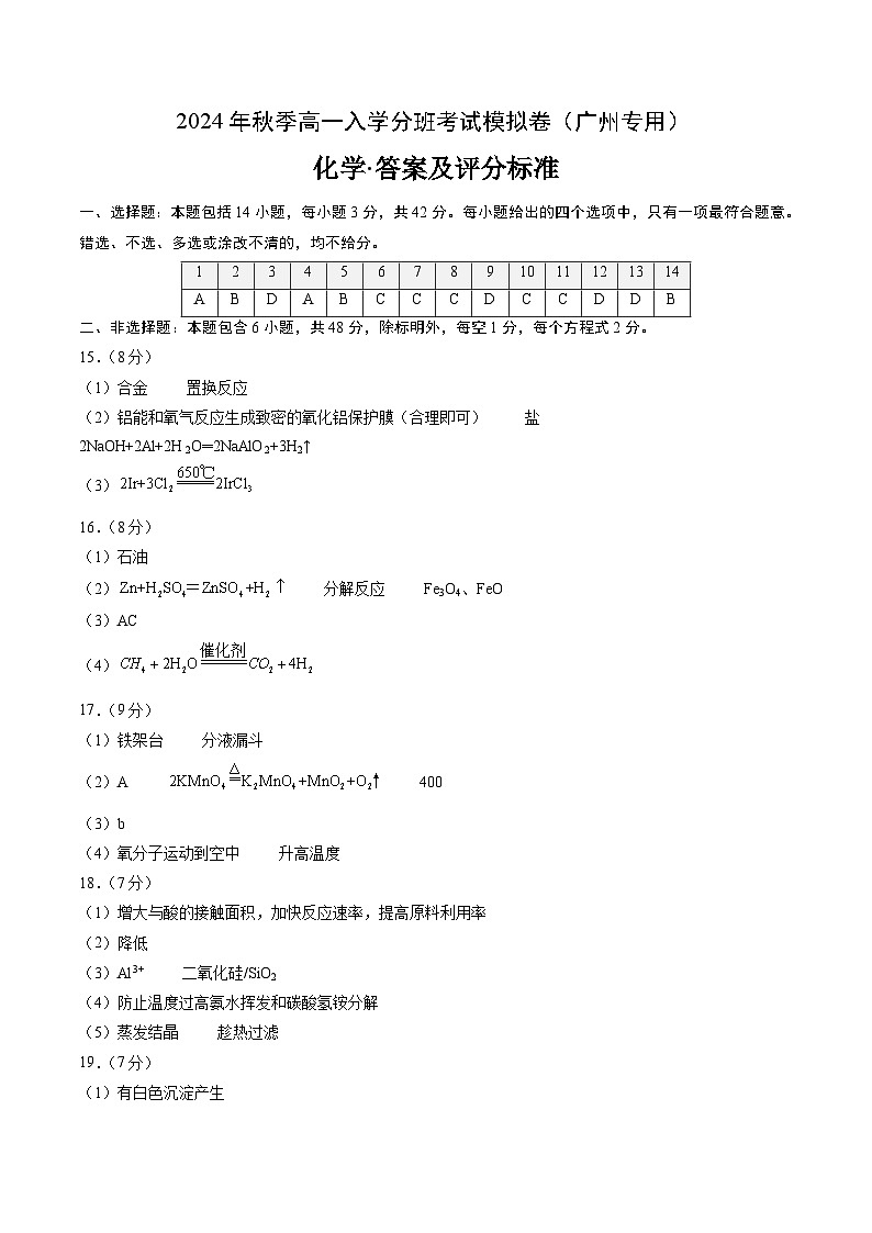 【开学考】2024年秋季高一上学期入学分班考试模拟卷化学（广州专用）（范围：初中复习）01
