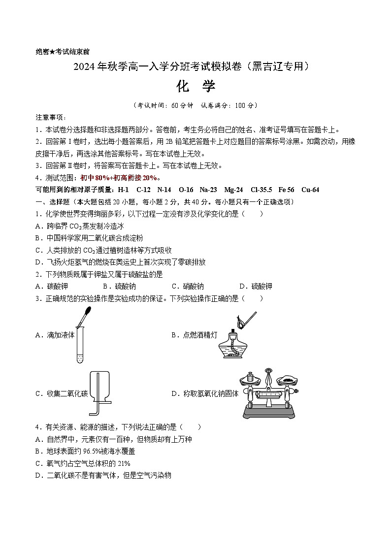 【开学考】2024年秋季高一上学期入学分班考试模拟卷化学（黑吉辽专用）（范围：初中复习）01