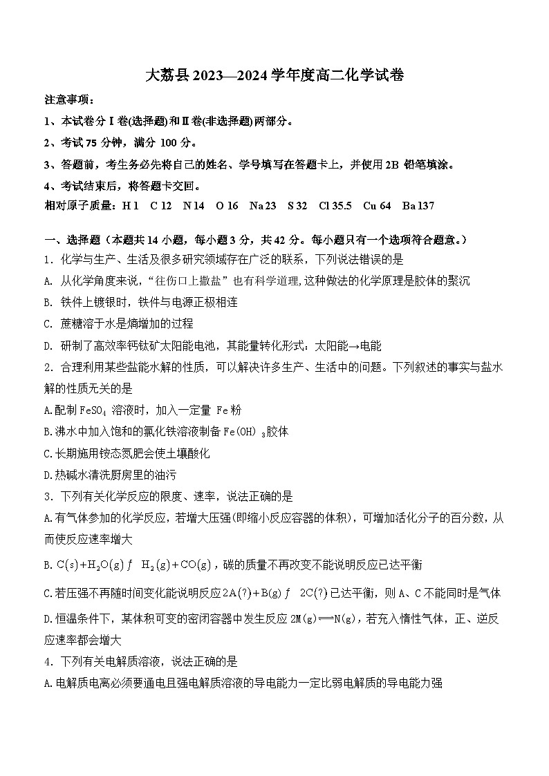 （教研室）陕西省渭南市大荔县2023-2024学年高二上学期期中考试化学试题 - 副本第1页