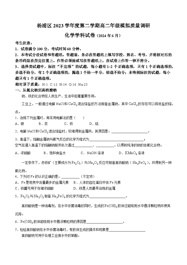 上海市杨浦区2023-2024学年高二下学期6月期末模拟考试化学试卷（Word版附答案）01