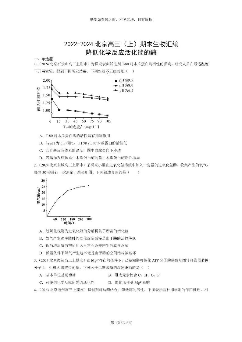 [生物]2022～2024北京高三上学期期末生物真题分类汇编：降低化学反应活化能的酶第1页