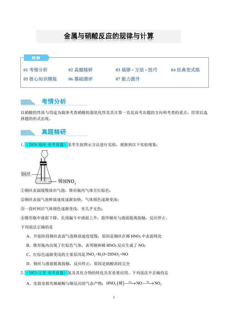 微专题 金属与硝酸反应的规律与计算（原卷版）(全国版)第1页