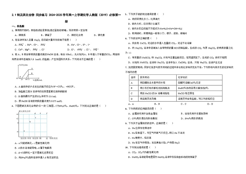 2.1钠及其化合物 同步练习 2024-2025学年高一上学期化学人教版（2019）必修第一册第1页
