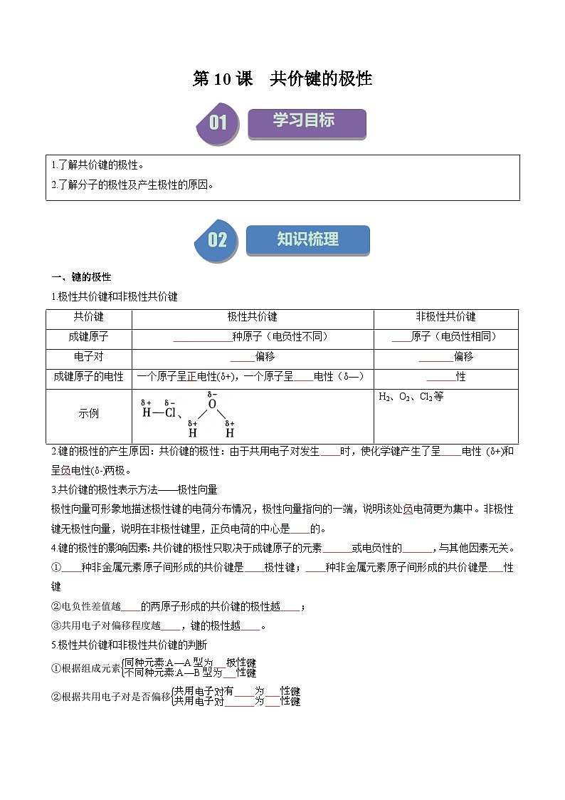 第10讲 2.6共价键的极性（学生版）-2024年高中化学同步精品讲义（选择性必修二）第1页
