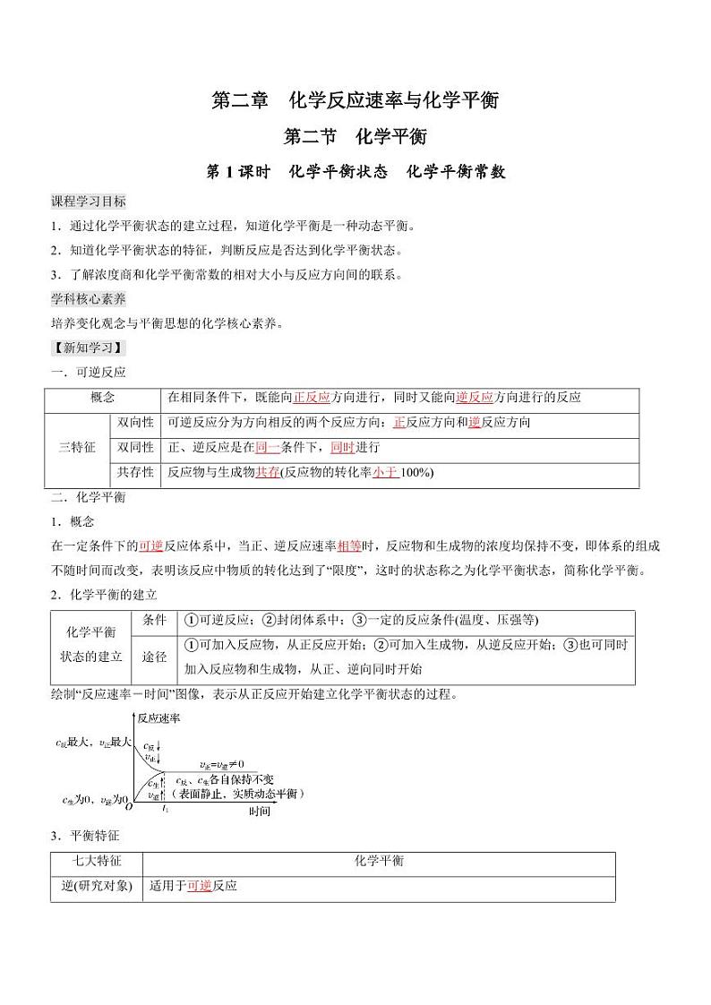 2.2.1 化学平衡状态 化学平衡常数（知识解读）（教师版） 2024-2025学年高二化学同步教学知识解读与分层特训（人教版2019选择性必修1）第1页