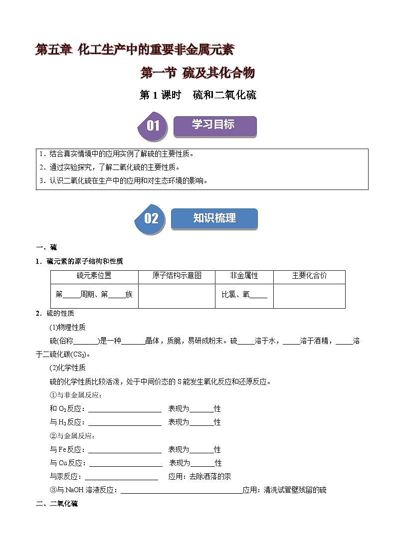 第01讲 5.1硫和二氧化硫-2024年高中化学同步精品讲义（人教版必修二）01
