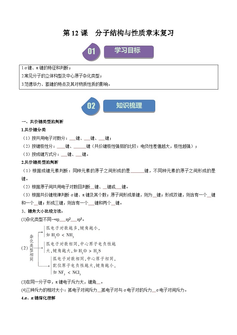 第十二讲 第二章 分子结构与性质 单元复习-2024年高中化学同步精品讲义（人教版选择性必修二）01