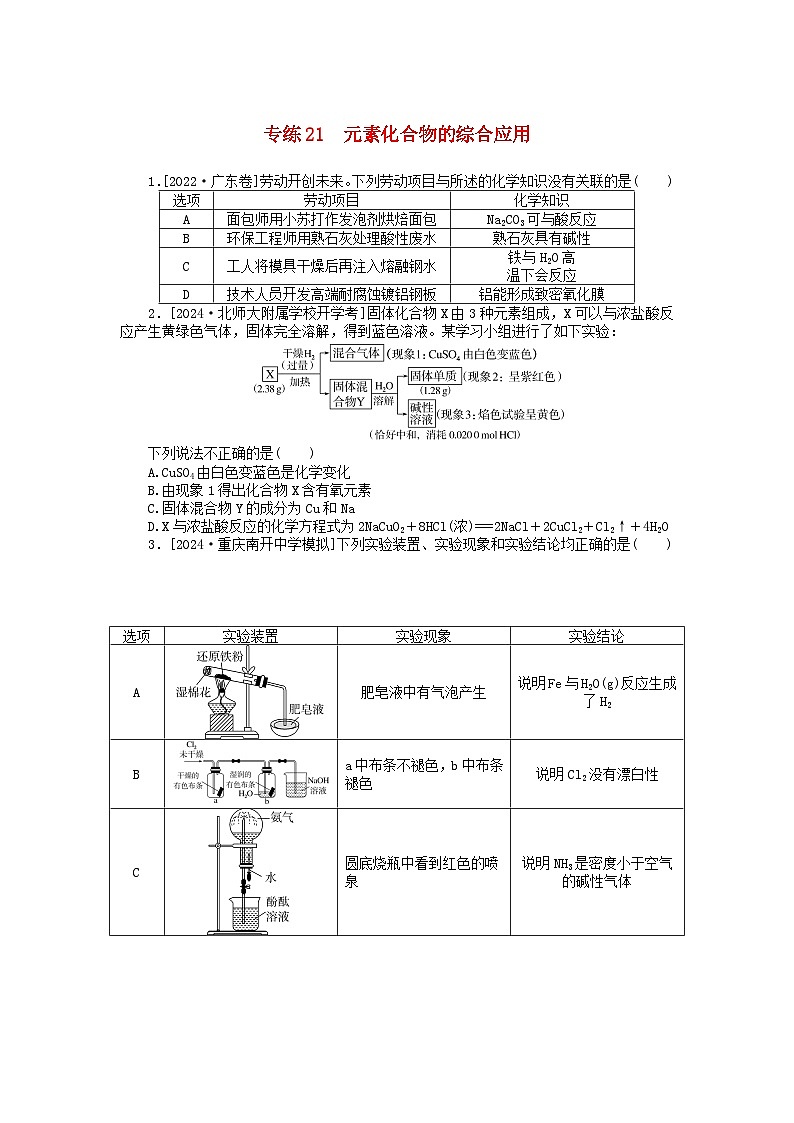 2025版高考化学一轮复习微专题小练习专练21元素化合物的综合应用第1页