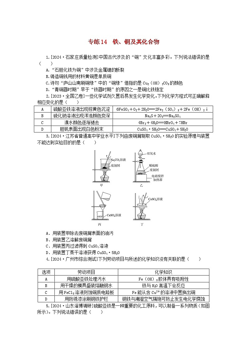 2025版高考化学一轮复习微专题小练习专练14铁铜及其化合物第1页