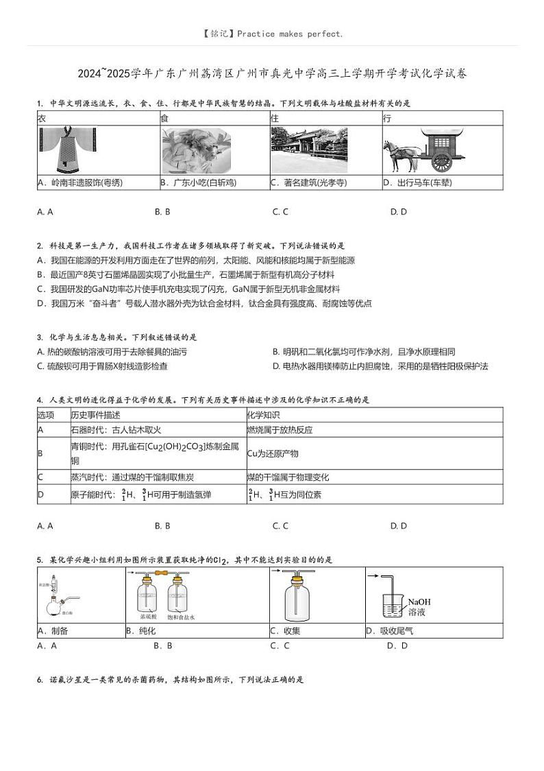 [化学]2024～2025学年广东广州荔湾区广州市真光中学高三上学期开学考试化学试卷(原题版+解析版)01