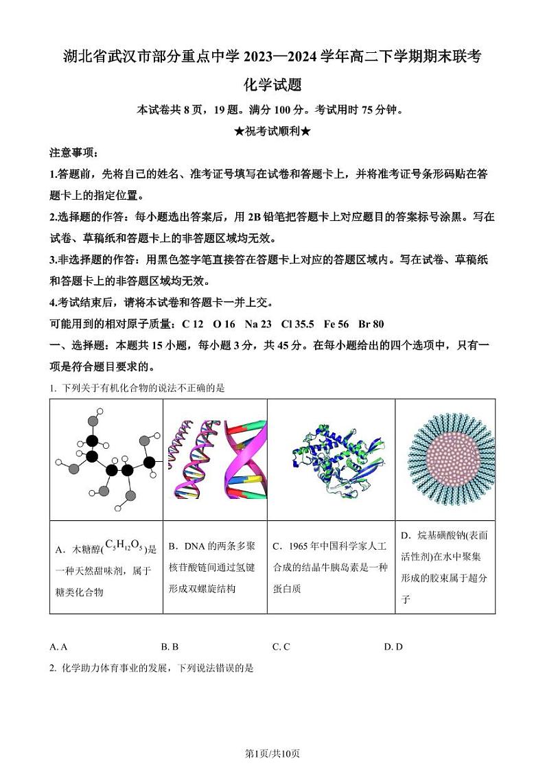 湖北武汉市部分重点中学2024年高二下学期期末联考化学试卷（含答案）01