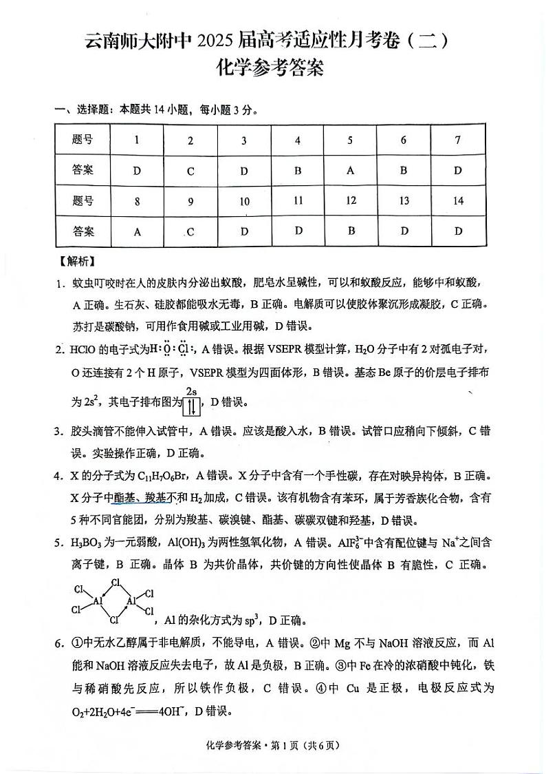 2025云师大附中适应性月考卷（二）化学试题答案第1页