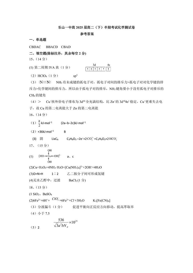 四川省乐山一中2023-2024学年高二下学期期中考试化学试题01