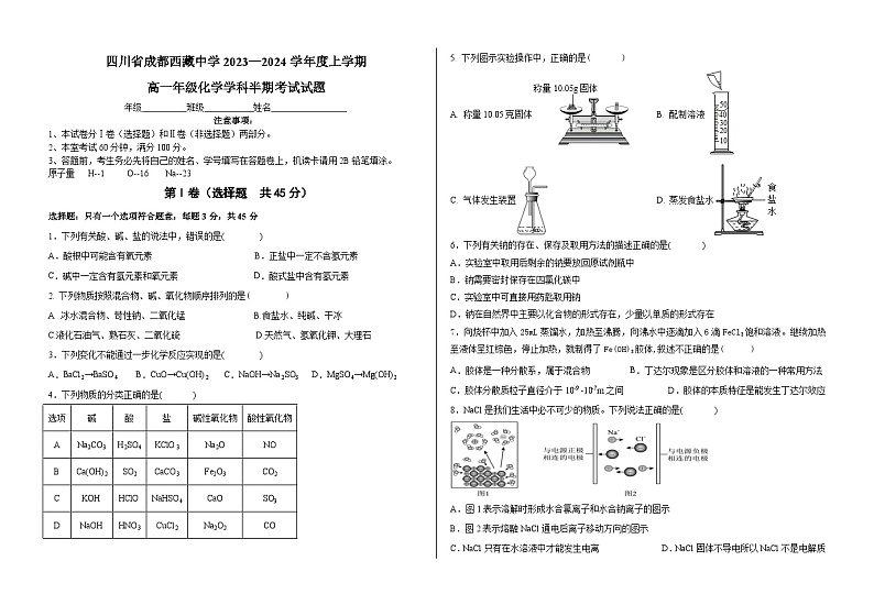 四川省成都西藏中学2023-2024学年高一上学期期中考试化学试卷01