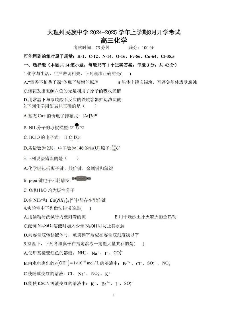 云南省大理白族自治州大理市大理白族自治州民族中学2024-2025学年高三上学期开学化学试题第1页