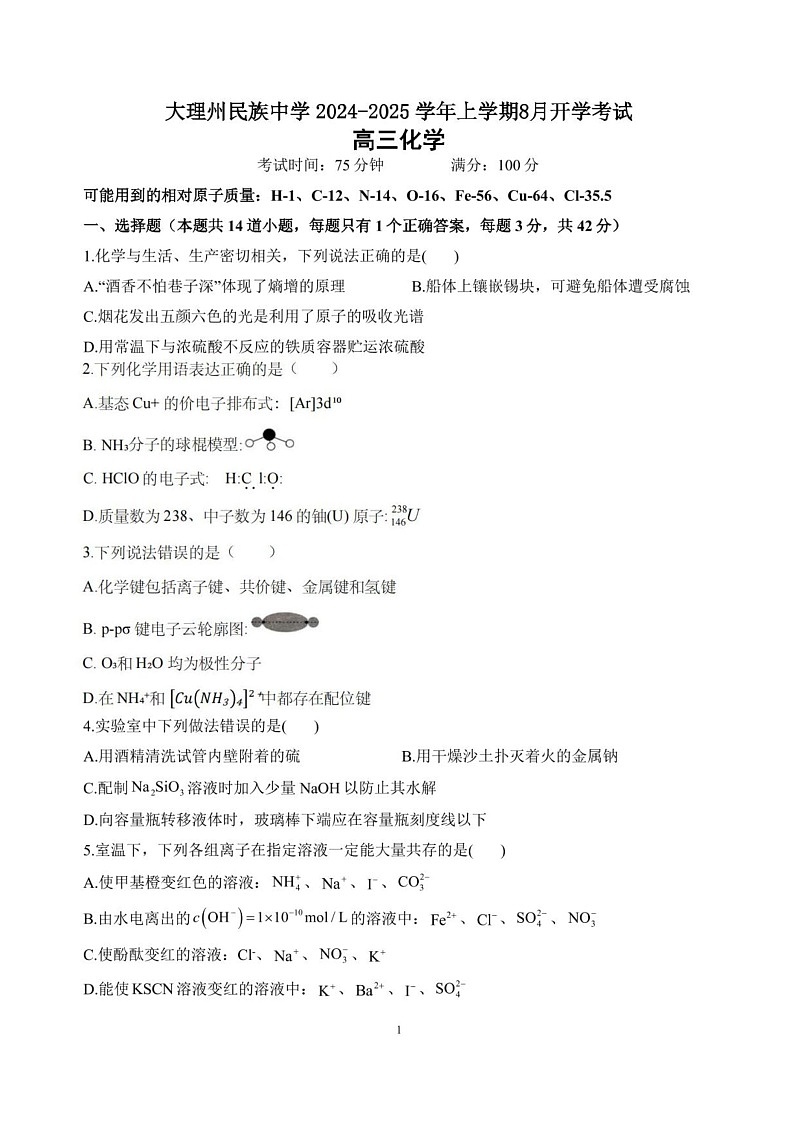 云南省大理白族自治州大理市大理白族自治州民族中学2024-2025学年高三上学期开学化学试题第1页