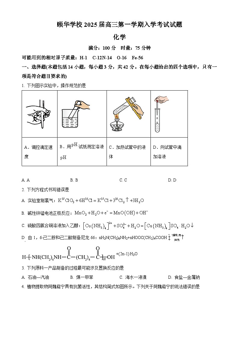 湖南省平江县颐华高级中学2025届高三上学期入学考试化学试题（原卷版）01