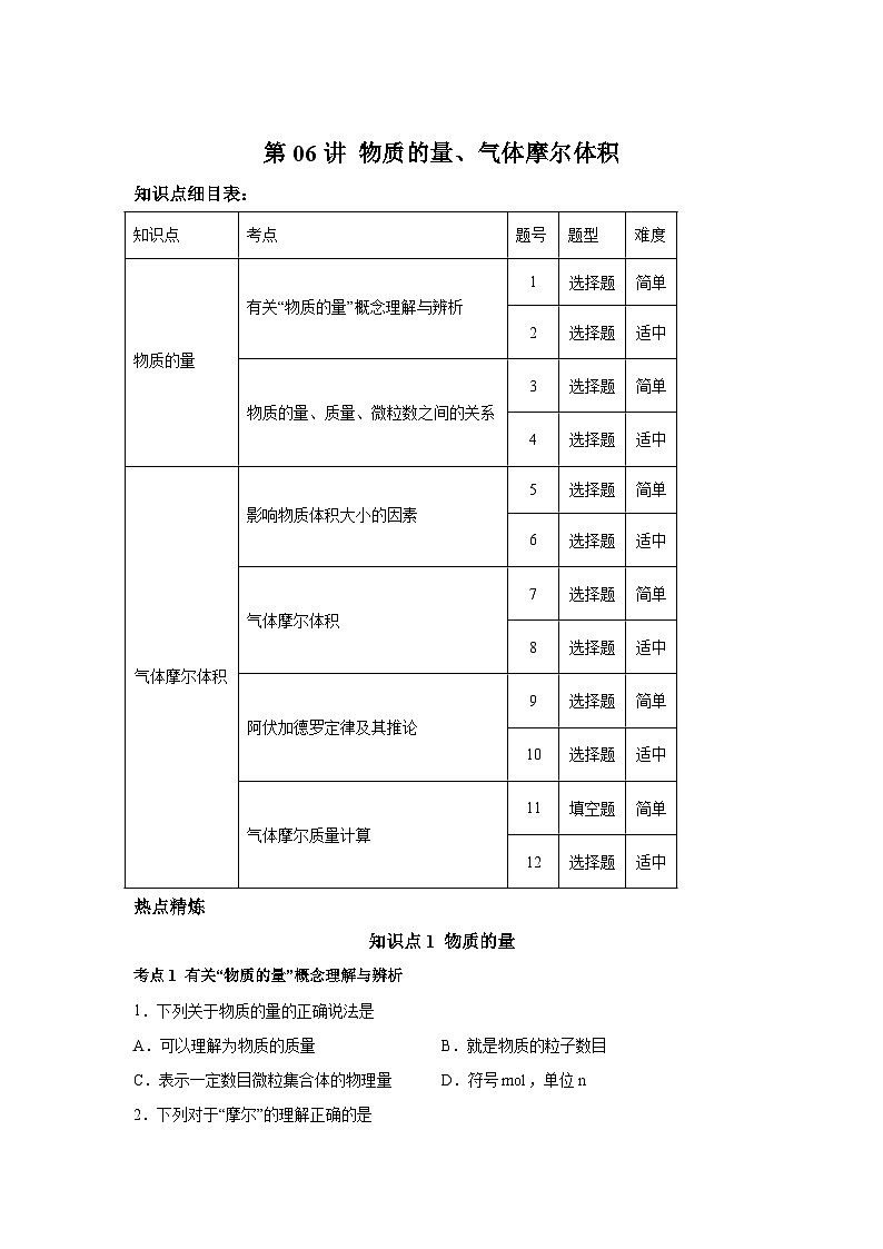 一轮备考·考点专练（2025届）高中化学试题第06讲物质的量、气体摩尔体积考点专练含解析答案01