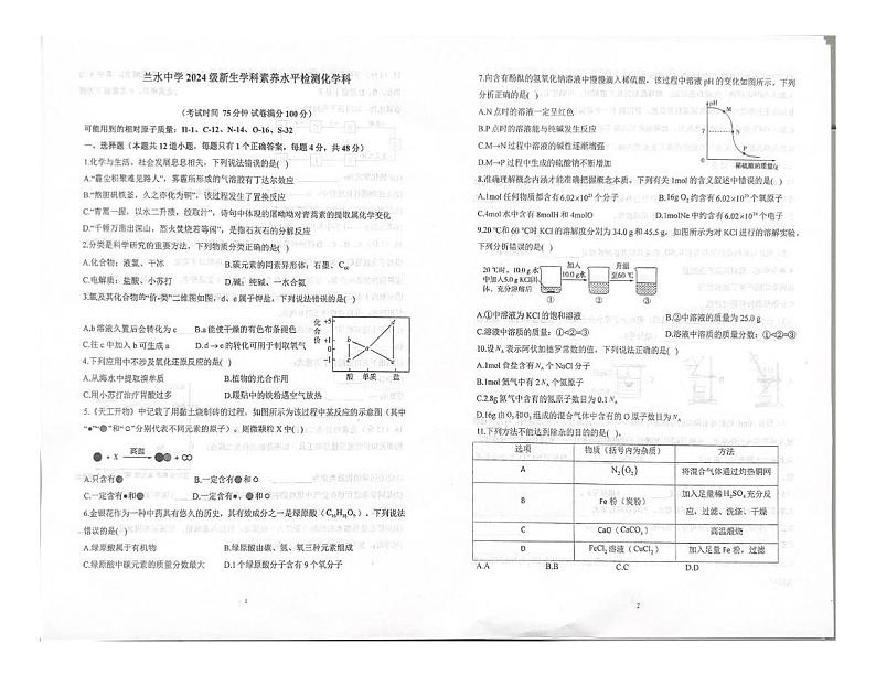 福建省漳州市兰水中学2024-2025学年高一上学期入学考试化学试题第1页