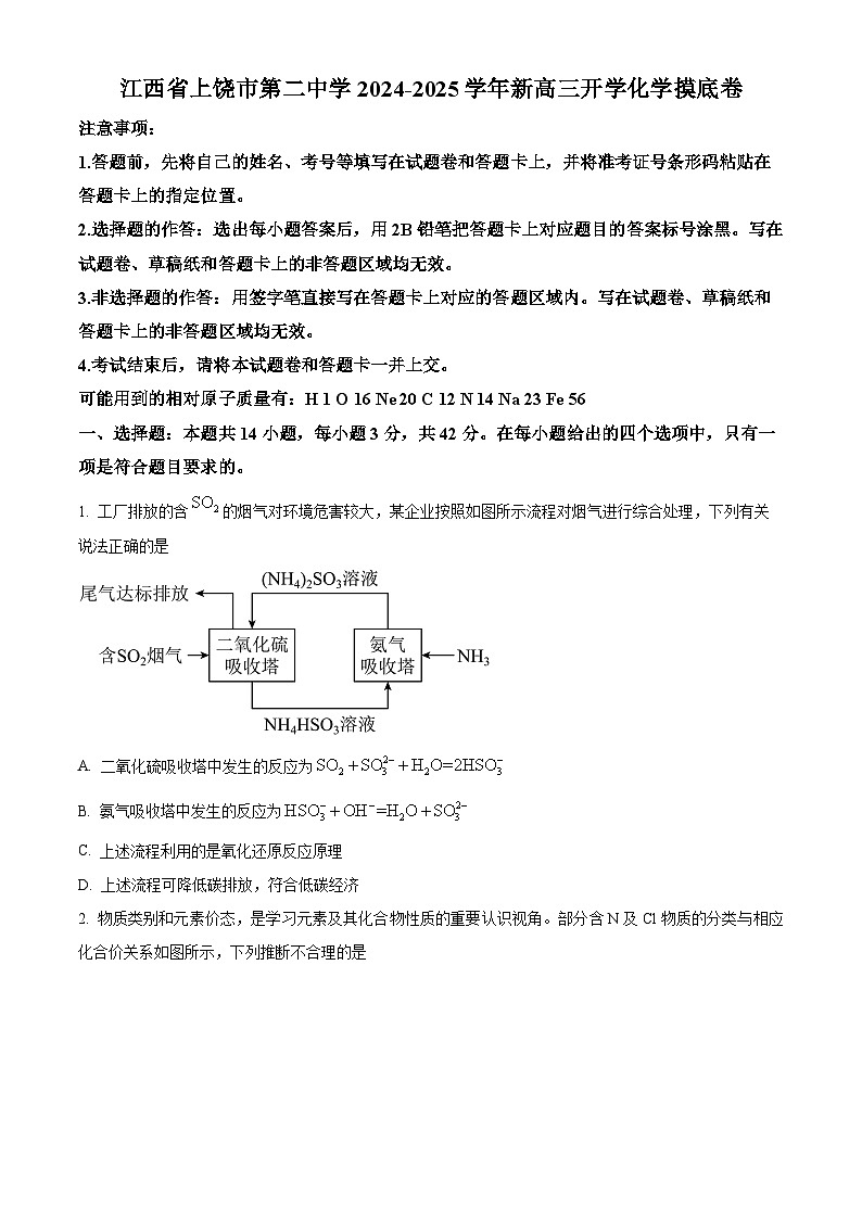 江西省上饶市第二中学2024-2025学年高三上学期开学考试化学摸底试卷（原卷版+解析版）01