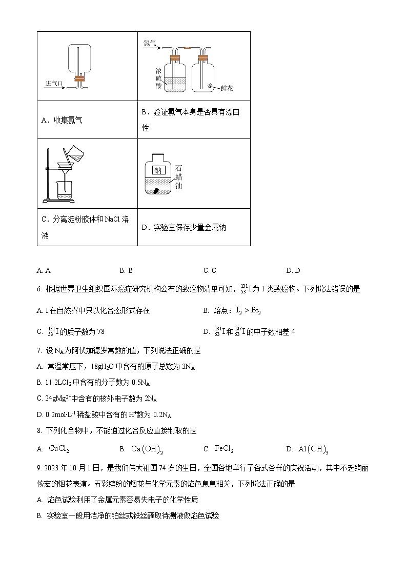 甘肃省陇南市2023-2024学年高一上学期期末检测化学试题（原卷版）02