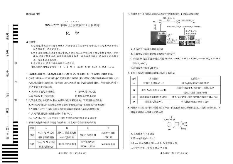 安徽省部分学校2024-2025学年高三上学期8月联考化学试题第1页
