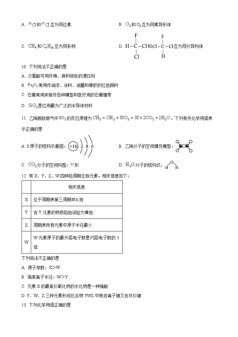 浙江省温州市十校联合体2023-2024学年高一下学期5月期中联考化学试卷（Word版附解析）02