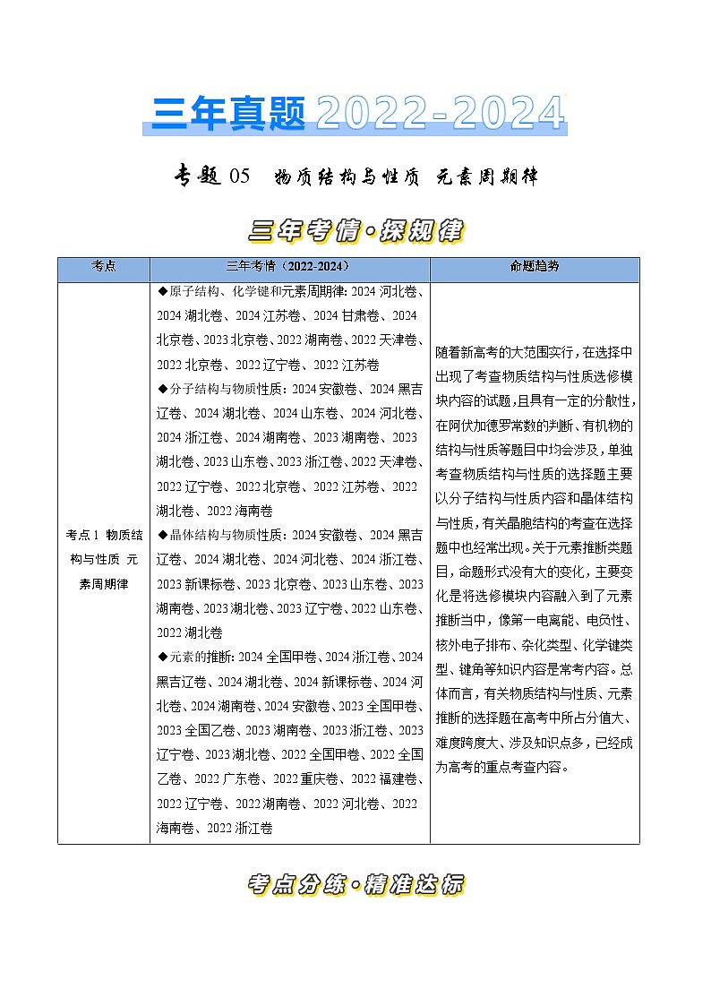 三年（2022-2024）高考化学真题分类汇编（全国通用）专题05 物质结构与性质 元素周期律（解析版）01