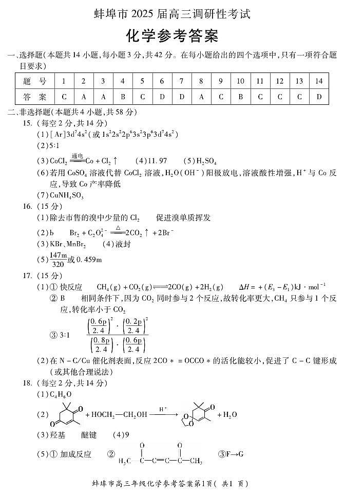 2025届蚌埠市高三上学期第一次调研考试化学试题+答案01