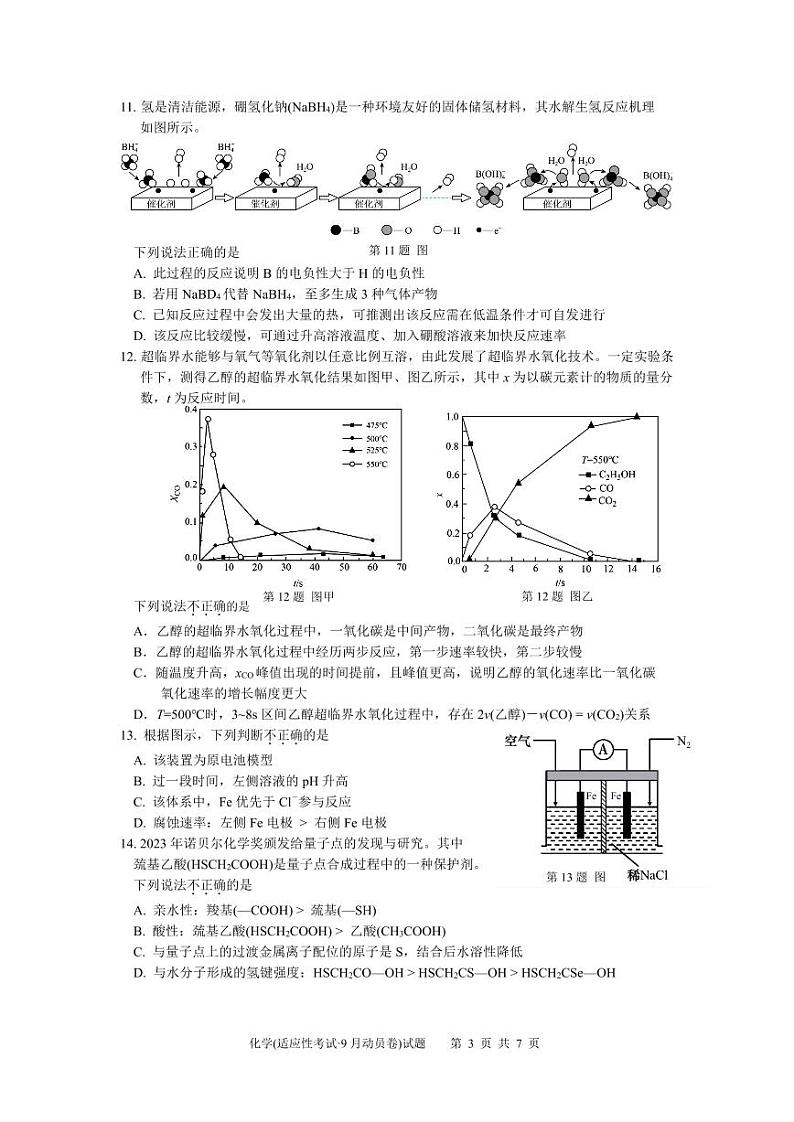 浙江部分高中2024-2025学年高三上学期9月开学考化学试题03