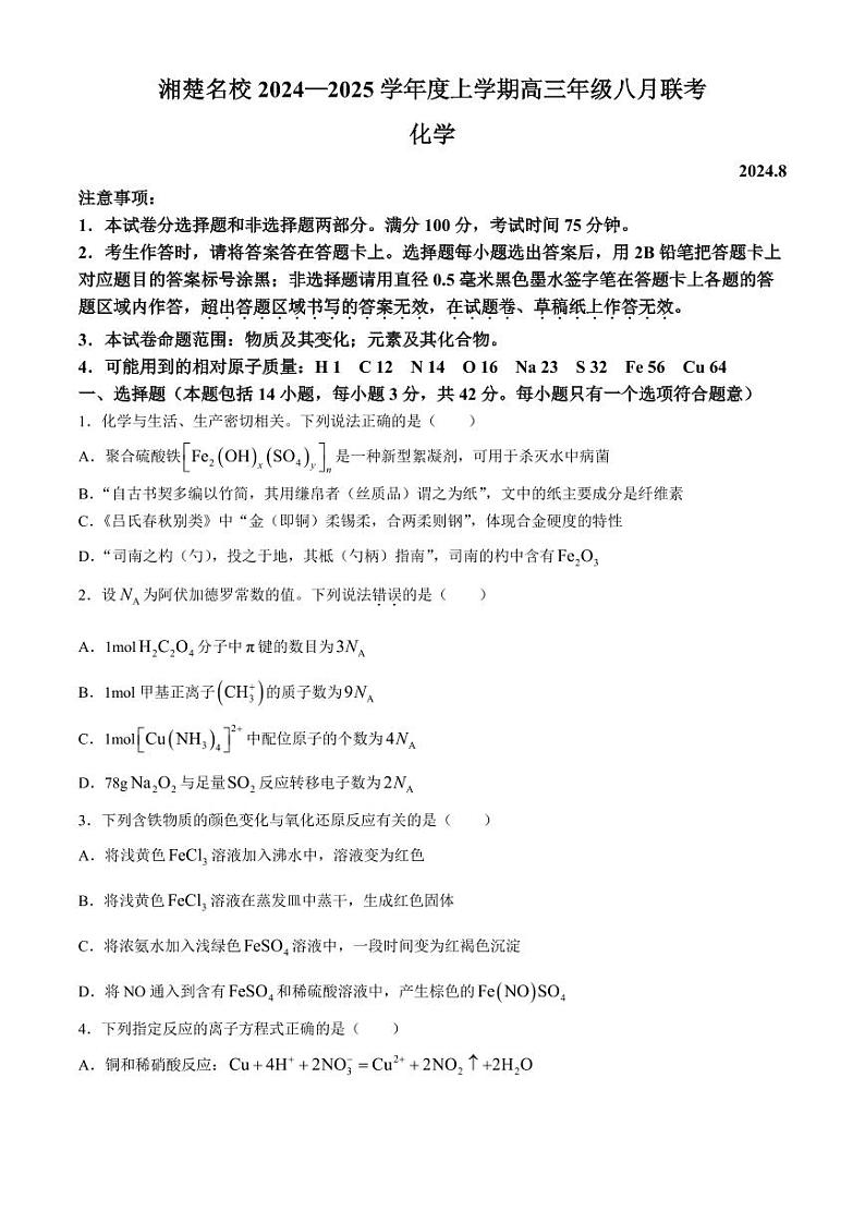 2025届湘楚名校高三上学期8月联考化学试题+答案01
