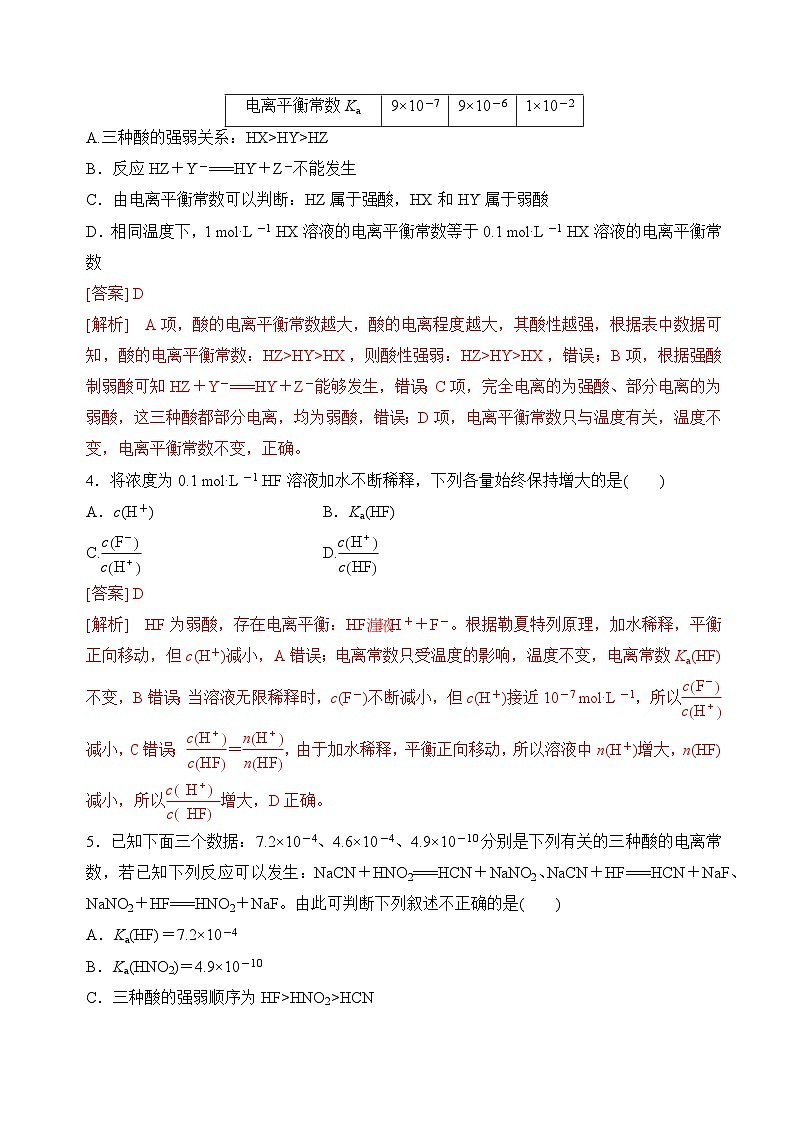 沪科版2020高二化学选择性必修第一册 3.2.2弱电解质的电离平衡(电离平衡平衡常数) 分层练习02