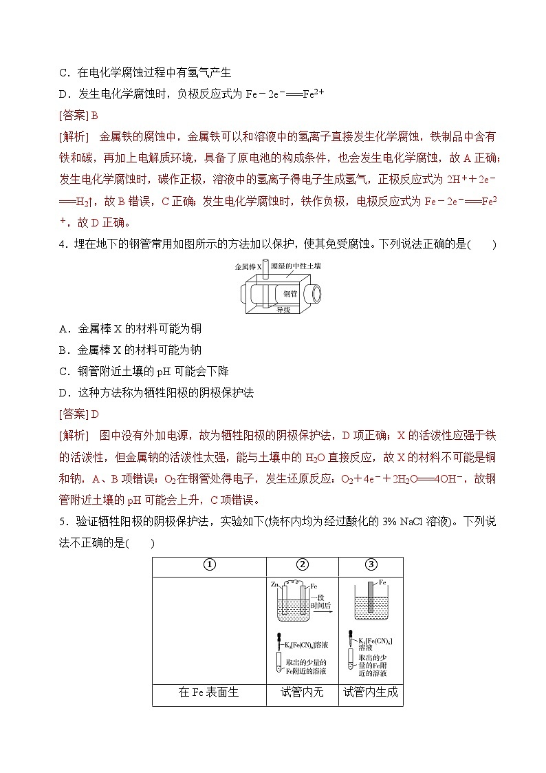 沪科版2020高二化学选择性必修第一册 4.4金属的电化学腐蚀与防护 分层练习02