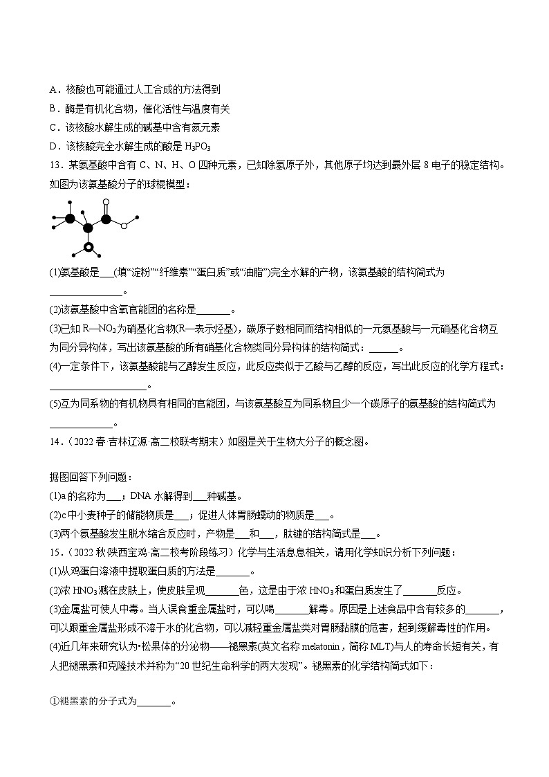 沪科版2019高二化学选择性必修三 4.1.2氨基酸与蛋白质核酸 分层作业03