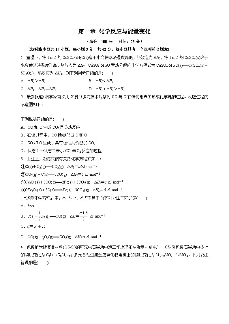 苏教版2019高二化学选择性必修第一册 第一章+化学反应与能量变化（单元测试）01