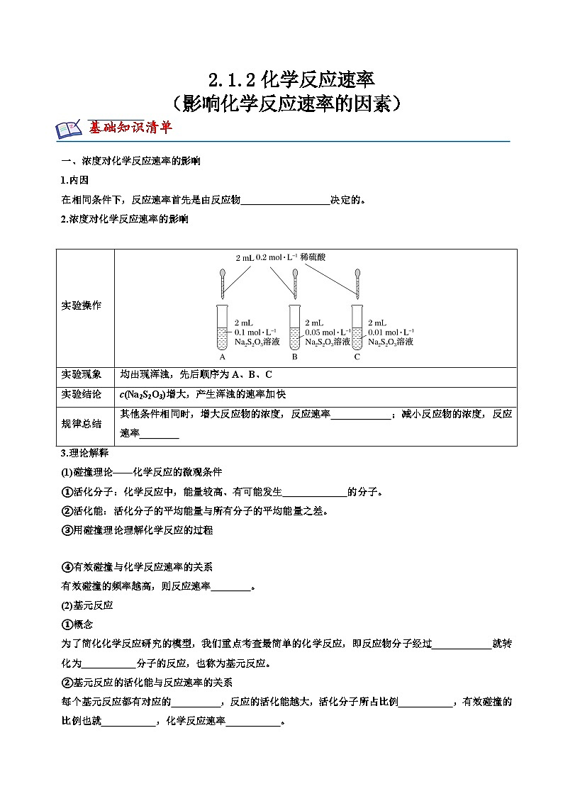 苏教版2019高二化学选择性必修第一册 2.1.2影响化学反应速率的因素(知识清单+分层练习)01