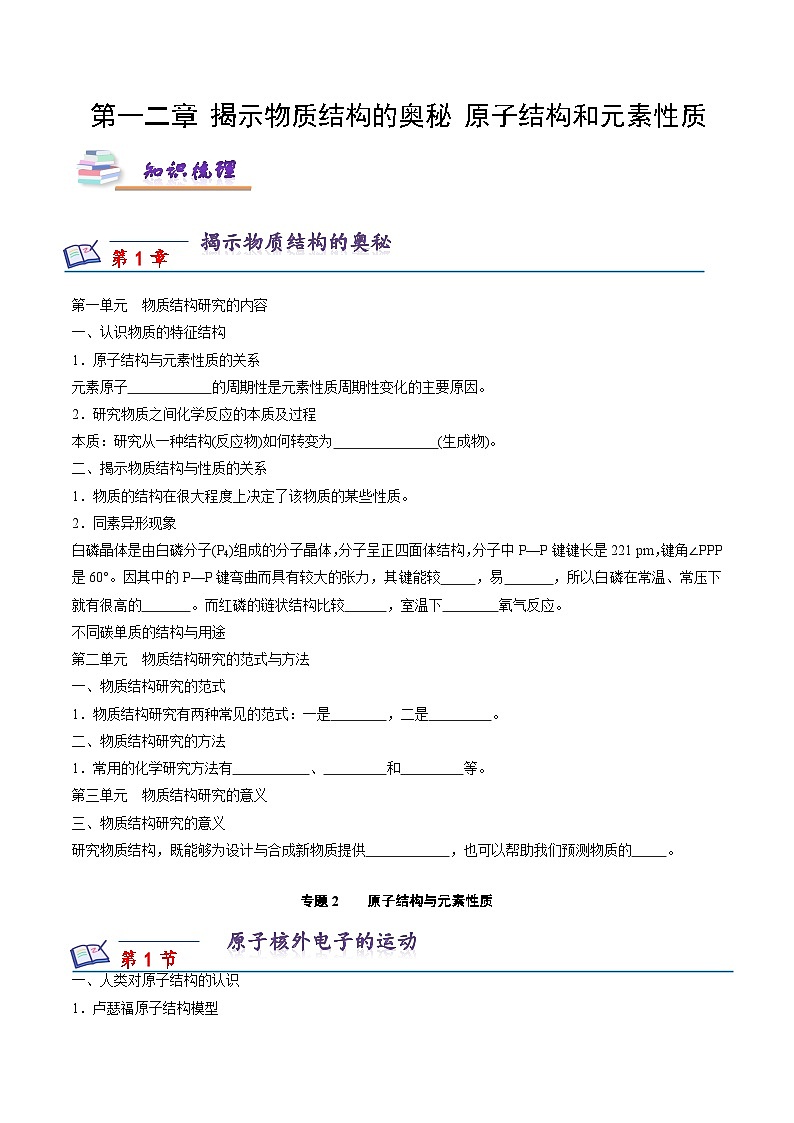 第一二章 揭示物质结构的奥秘 原子结构和元素性质（知识梳理）（原卷版）第1页