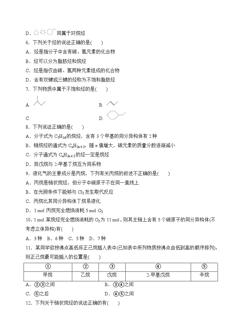 苏教版2019高二化学选择性必修三 3.1.1脂肪烃的类别、烷烃的性质（分层练习）02