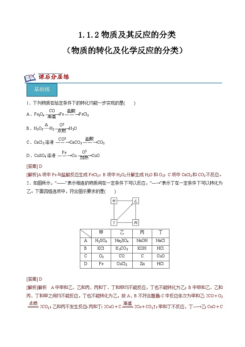苏教版2019高一化学必修第一册 1.1.2物质的转化及化学反应的分类(分层练习)01