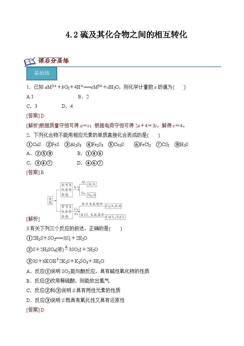 苏教版2019高一化学必修第一册 4.2 硫及其化合物之间的相互转化(分层练习)01