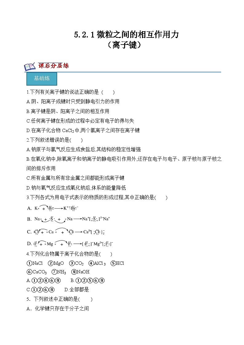 苏教版2019高一化学必修第一册 5.2.1 离子键(分层练习)01