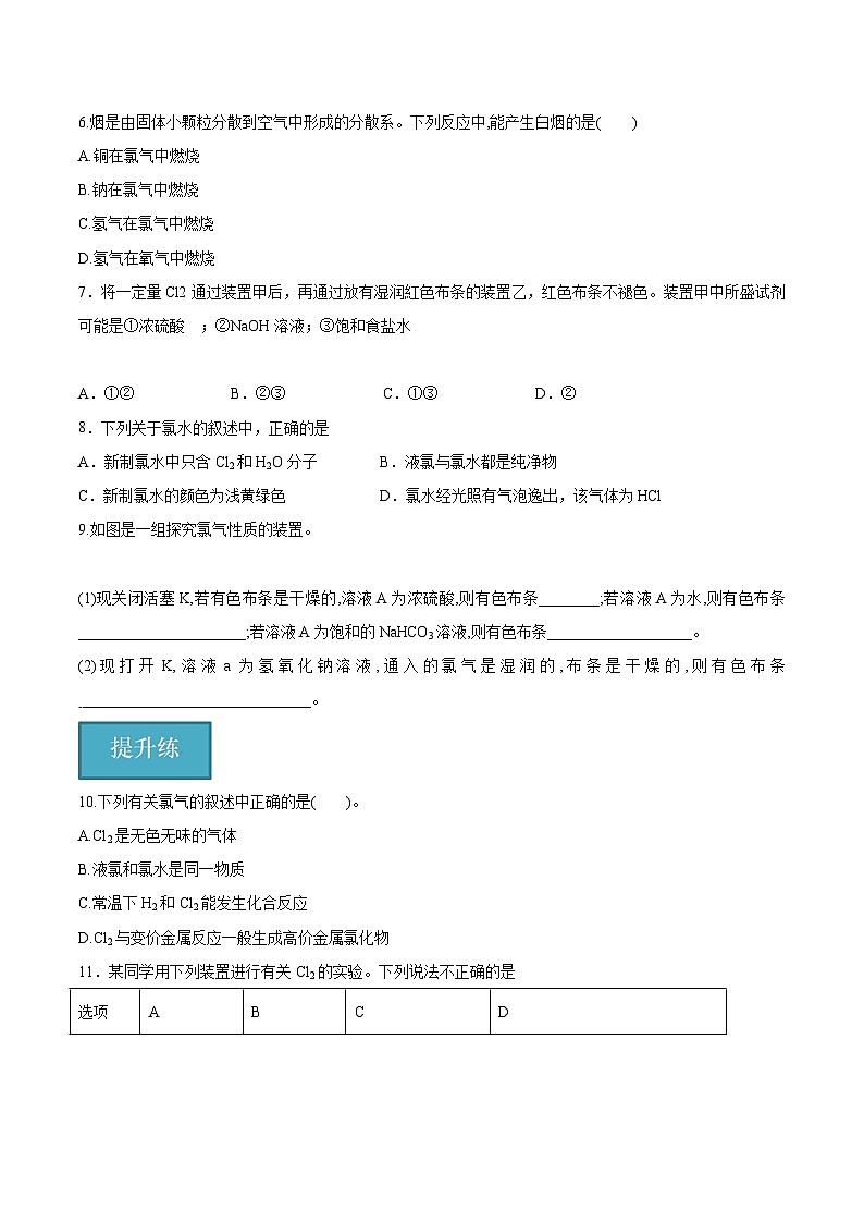 沪科版2020高一化学必修第一册 2.1.2+氯气的性质（分层练习）02