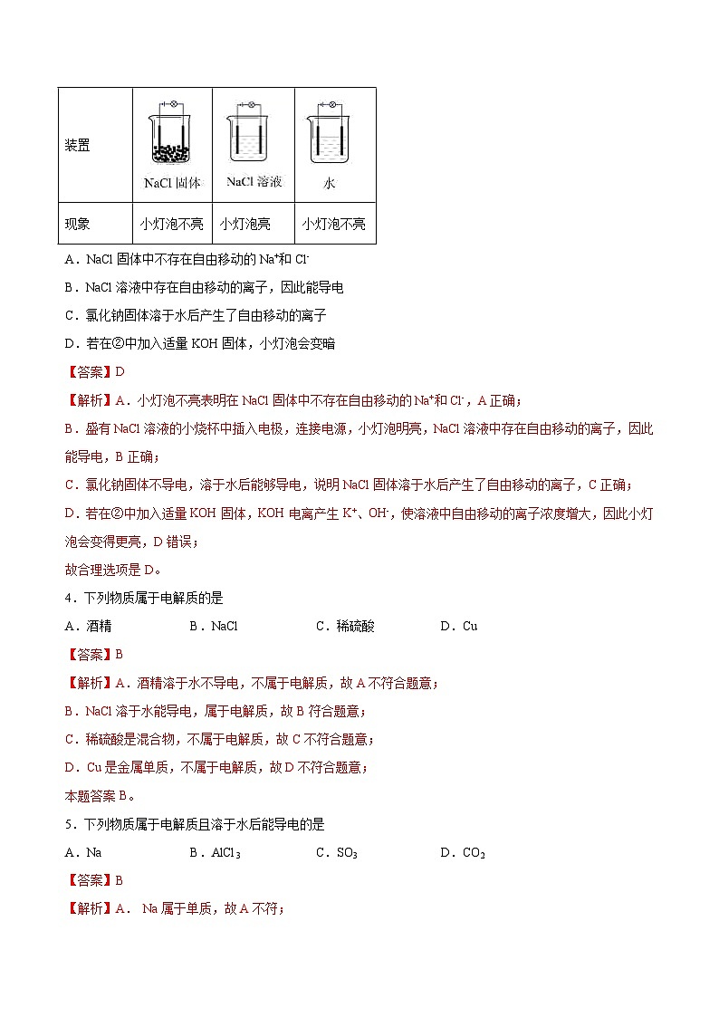 沪科版2020高一化学必修第一册 2.2.3+电解质的电离（分层练习）02
