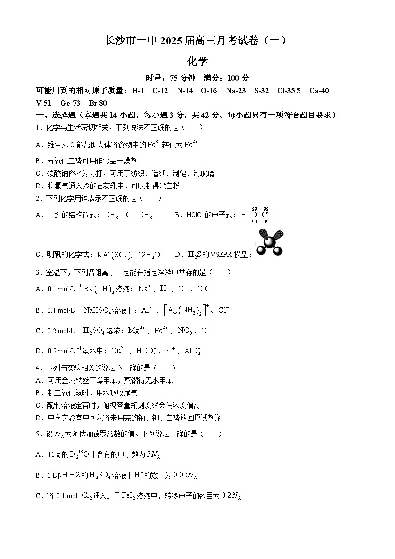 湖南省长沙市第一中学2024-2025学年高三上学期月考卷（一）化学试题（Word版附解析）01